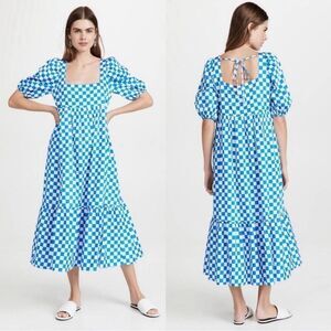 En Saison Blue Check Print Tiered Cotton Midi Dress size S
